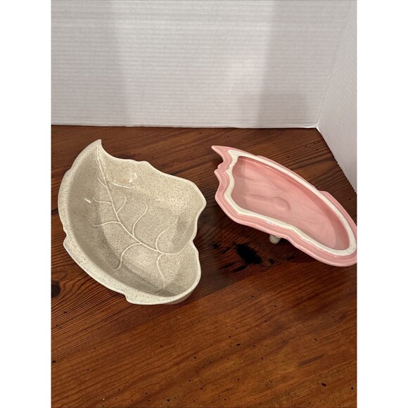 Vintage Valley Vista California Pottery Leaf Dish With Lid Pink And Cream - Picture 8 of 14